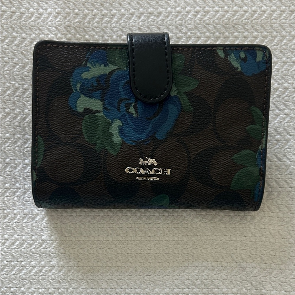 Coach Black Wallet with Blue Floral Design